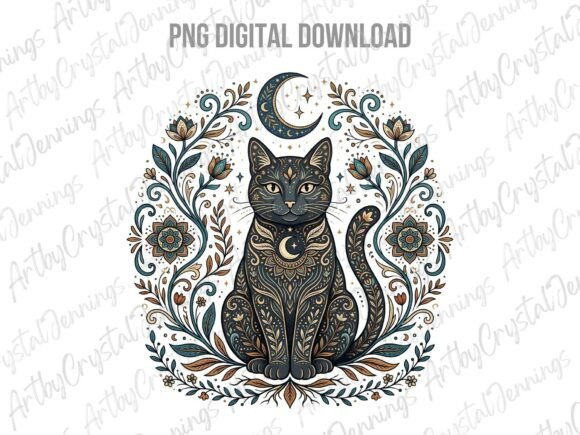 Celestial Floral Mystic Cat Animal PNG: A Design Asset for Every Creator
