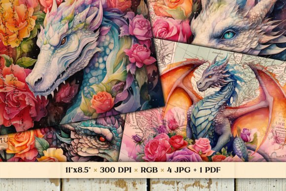 Enchanting Dragons & Rainbow Roses Scrapbook Papers