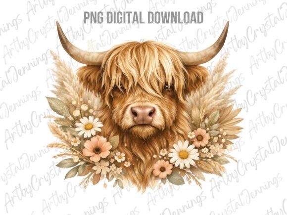 Floral Boho Highland Cow Farm Animal PNG: A Designer's Secret Weapon