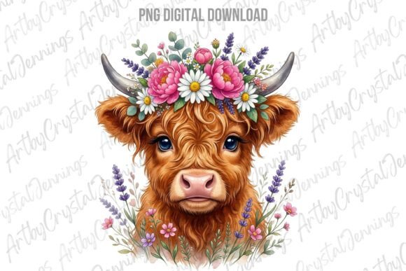 Floral Highland Cow Farm Animal PNG: A Designer's Delight