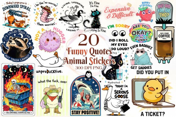 Funny Quotes Animal Stickers Bundle: Instant Character for Your Projects