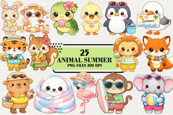 Kawaii Beach Animal Summer Clipart: 25 Adorable Design Assets