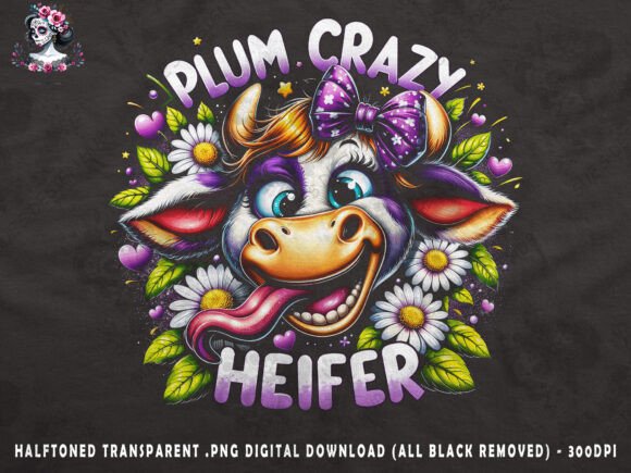 Plum Crazy Heifer Cow with Daisies: A Playful Design for Bold Apparel