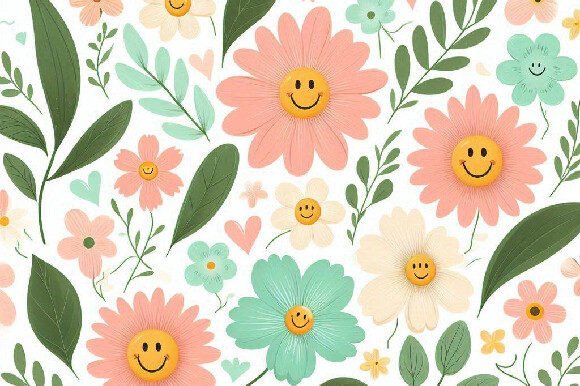 Whimsical Floral Smiley Face Pattern: A Joyful Design Asset
